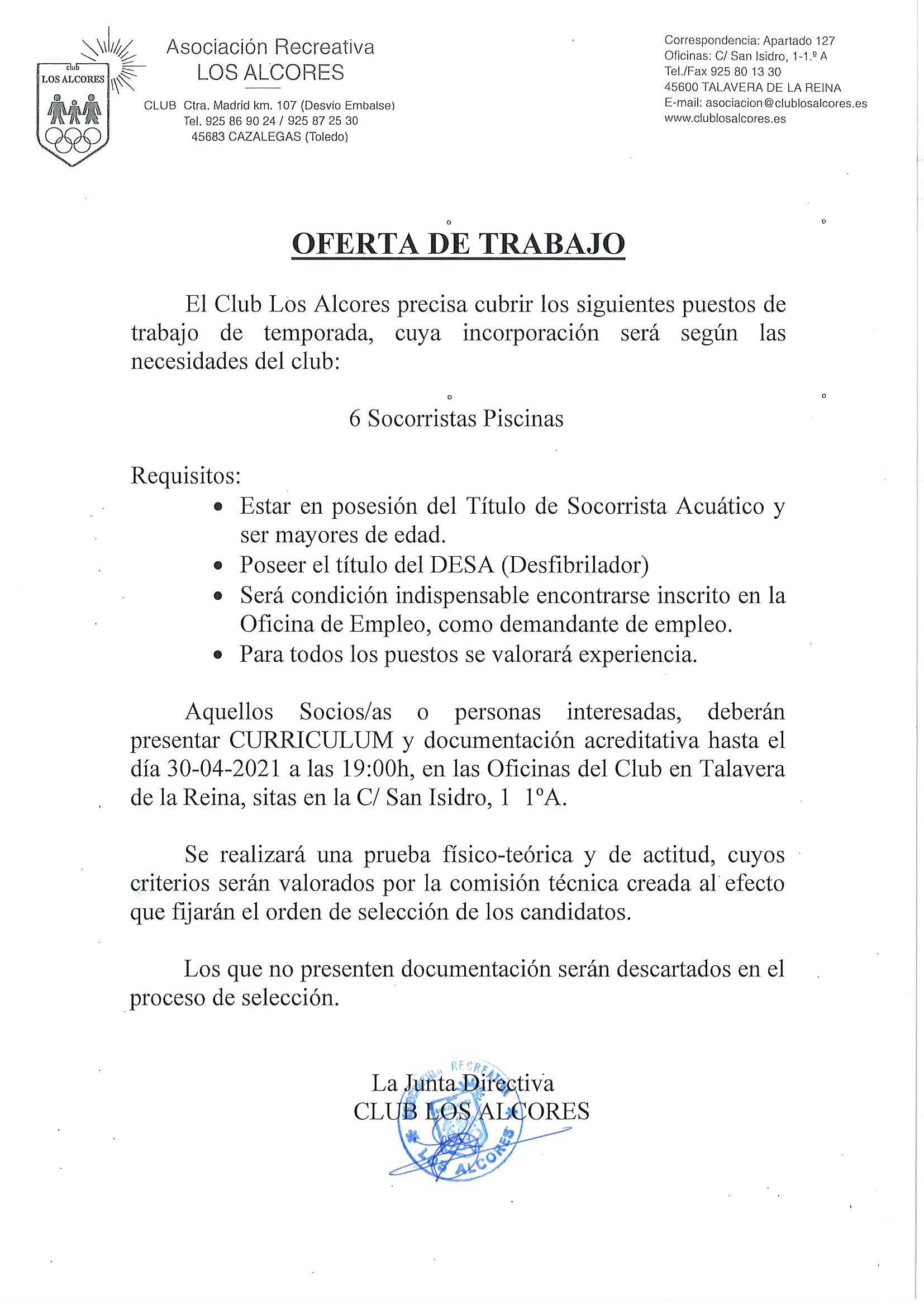 Oferta empleo Socorristas 2021